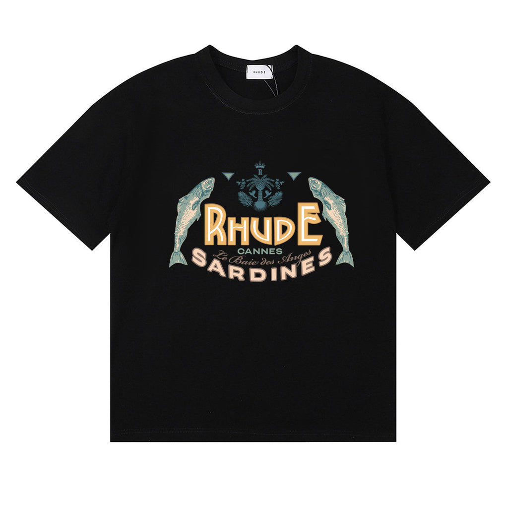 Rhude T-shirts Sardines Badge Printing Cotton Casual Short Sleeve Men and Women